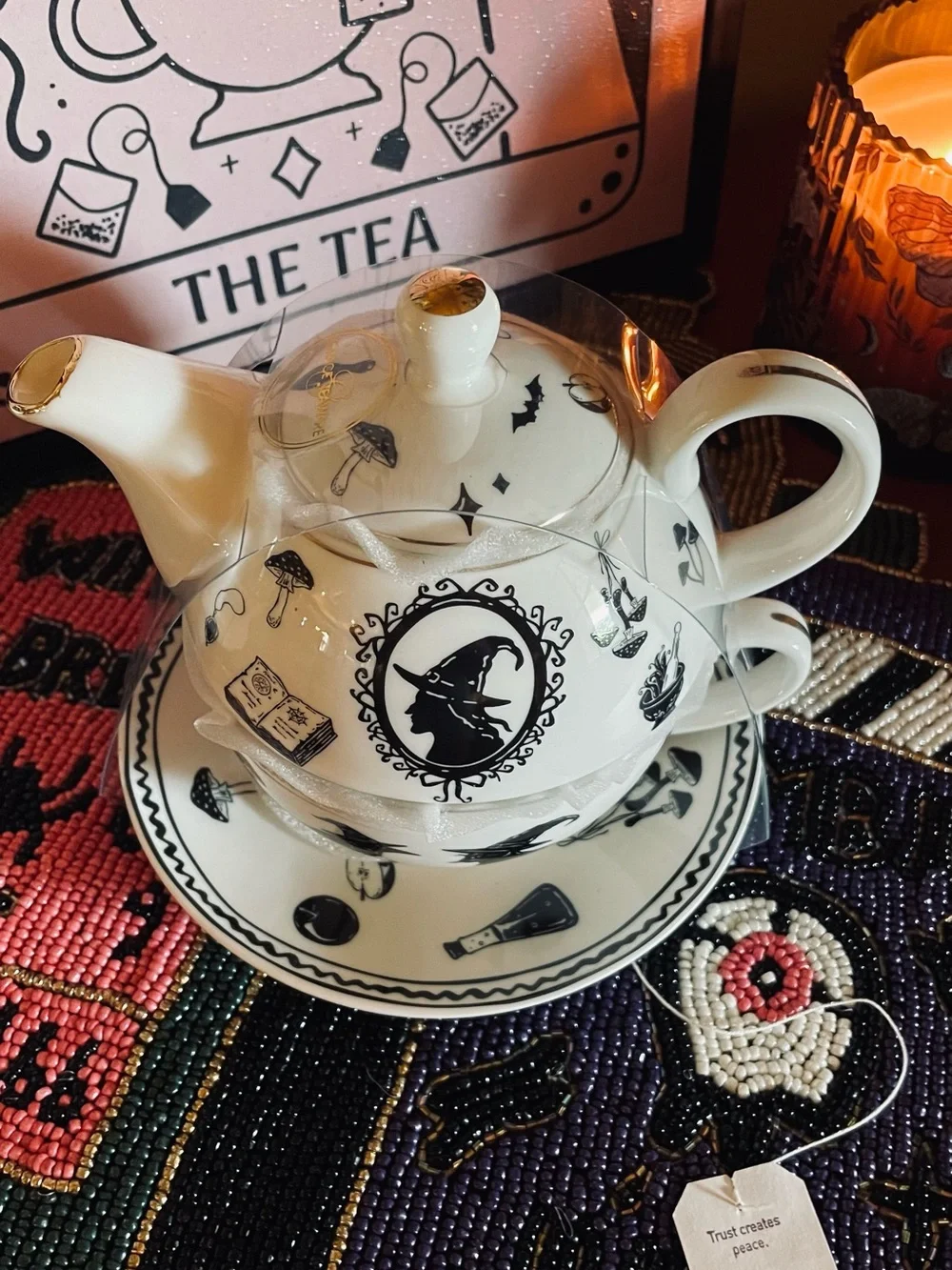 GRACE TEAWARE NWT Porcelain Witch Silhouette Tea For One Teapot Stacking Set